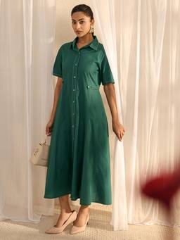 Libas - Green Solid Pannelled A-Line Dress with Pocket