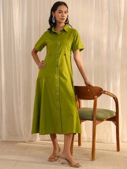 Libas - Green Solid Pannelled A-Line Dress with Pocket