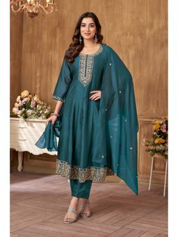 Anaita - Teal Embroidered Silk Anarkali and Pant with Dupatta