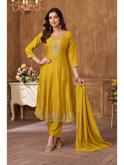 Anaita - Yellow Embroidered Silk Anarkali and Pant with Dupatta