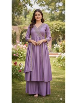Anaita - Purple Embroidered Silk Anarkali and Palazzo with Dupatta