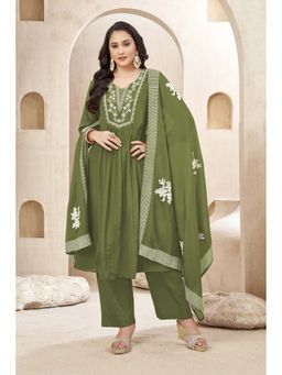 Anaita - Green Embroidered Chinon Anarkali and Pant with Dupatta