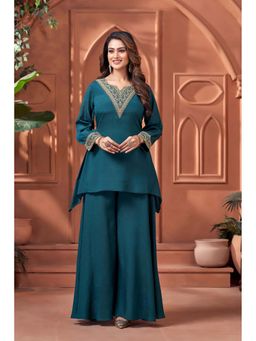 Anaita - Teal Embellished Sequined Chinon Kurti and Palazzo with Dupatta