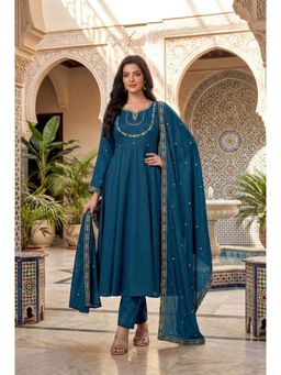 Anaita - Blue Embroidered Silk Anarkali and Pant with Dupatta