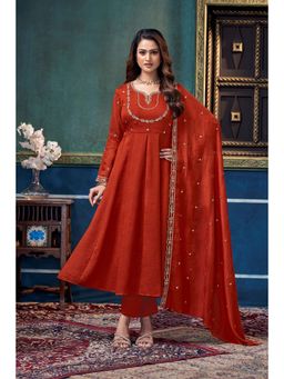 Anaita - Rust Embroidered Silk Anarkali and Pant with Dupatta