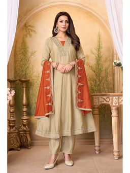 Anaita - Beige Embroidered Silk Anarkali and Pant with Dupatta