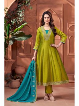 Anaita - Green Embroidered Silk Anarkali and Pant with Dupatta