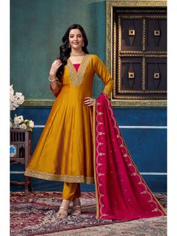 Anaita - Yellow Embroidered Silk Anarkali and Pant with Dupatta