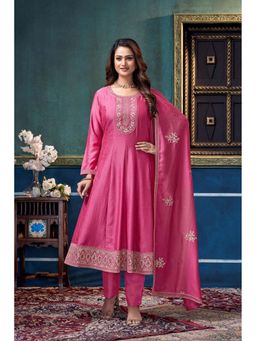 Anaita - Pink Embroidered Silk Anarkali and Pant with Dupatta
