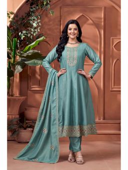 Anaita - Teal Embroidered Silk Anarkali and Pant with Dupatta