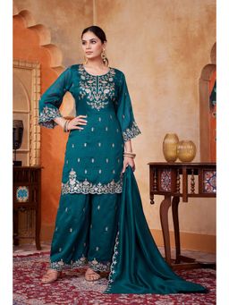 Anaita - Teal Embroidered Silk Kurta and Palazzo with Dupatta