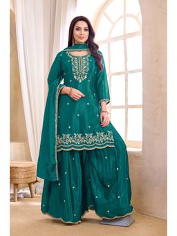 Anaita - Teal Embroidered Chinon Kurta and Palazzo with Dupatta