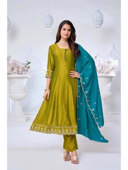 Anaita - Green Embroidered Silk Anarkali and Pant with Dupatta
