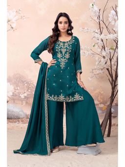 Anaita - Teal Embroidered Silk Kurta and Palazzo with Dupatta