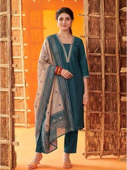 Anaita - Teal Embroidered Cotton Blend Kurta and Pant with Dupatta