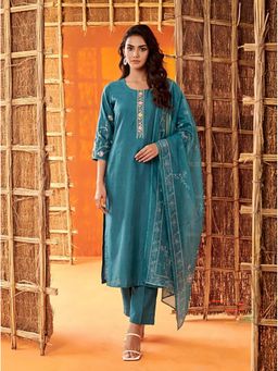 Anaita - Teal Embroidered Cotton Blend Kurta and Pant with Dupatta