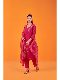 Anaita - Pink Embroidered Cotton Blend Kurta and Pant with Dupatta