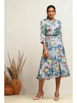 Biba - Blue Floral Printed Midi Dress with Belt (Set of 2)