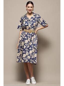 Biba - Blue Floral Printed Midi Dress with Belt (Set of 2)