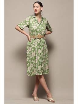 Biba - Green Floral Printed Midi Dress with Belt (Set of 2)