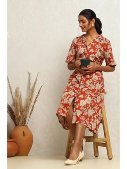 Biba - Rust Floral Printed Midi Dress with Belt (Set of 2)