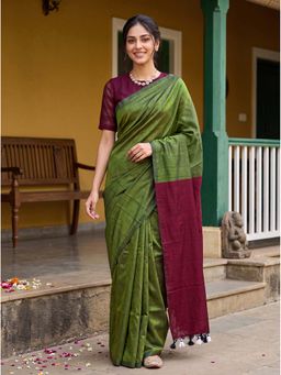 Kasee - Olive Cotton Blend Tassels Solid Saree With Unstitched Blouse
