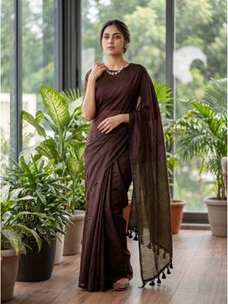 Kasee - Brown Cotton Blend Tassels Solid Saree With Unstitched Blouse