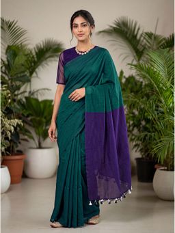 Kasee - Green Cotton Blend Tassels Solid Saree With Unstitched Blouse