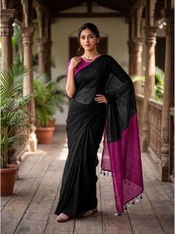 Kasee - Black Cotton Blend Tassels Solid Saree With Unstitched Blouse