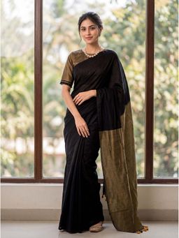 Kasee - Black Cotton Blend Tassels Solid Saree With Unstitched Blouse