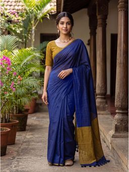 Kasee - Blue Cotton Blend Tassels Solid Saree With Unstitched Blouse