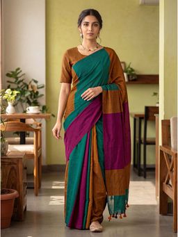 Kasee - Multi-Color Cotton Blend Tassels Solid Saree With Unstitched Blouse