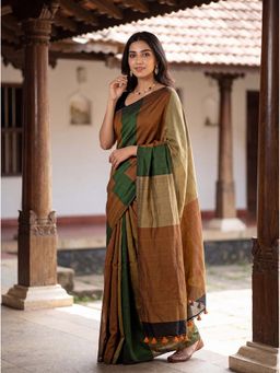 Kasee - Multi-Color Cotton Blend Tassels Solid Saree With Unstitched Blouse