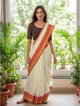 Kasee - Off White Cotton Blend Tassels Solid Saree With Unstitched Blouse