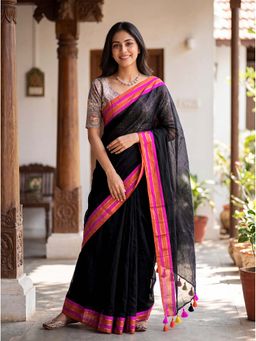 Kasee - Black Cotton Blend Tassels Solid Saree With Unstitched Blouse