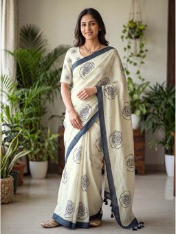 Kasee - Off White Cotton Blend Tassels Printed Saree With Unstitched Blouse