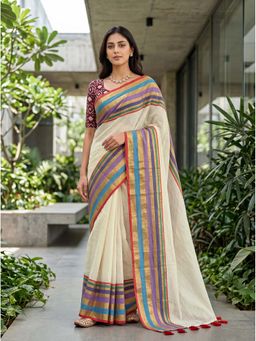 Kasee - Off White Cotton Blend Tassels Solid Saree With Unstitched Blouse
