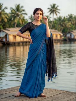 Kasee - Blue Cotton Blend Tassels Solid Saree With Unstitched Blouse