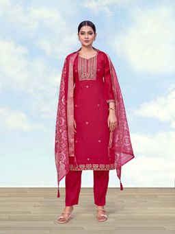 Monjolika Fashion - Women Magenta Roman Simar Embroidered Work Kurta With Pant & Dupatta