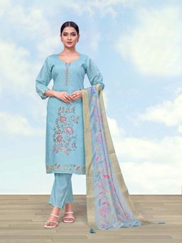 Monjolika Fashion - Women Sky Blue Roman Simar Embroidered Kurta With Pant & Dupatta