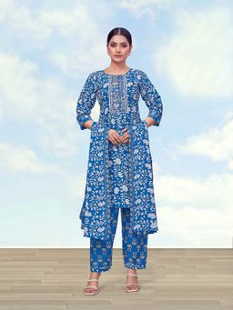 Monjolika Fashion - Women Blue Cotton Printed Causal Kurta With Pant & Dupatta
