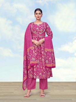 Monjolika Fashion - Women Magenta Cotton Printed Anarkali Kurta With Pant & Dupatta