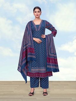 Monjolika Fashion - Women Navy Blue Cotton Printed A line Kurta With Pant & Dupatta