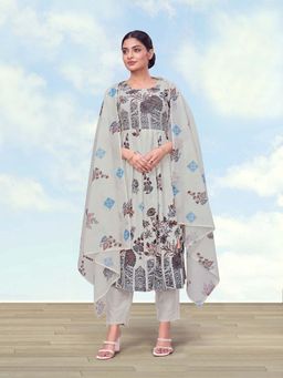 Monjolika Fashion - Women Off White Cotton Printed Anarkali Kurta With Pant & Dupatta