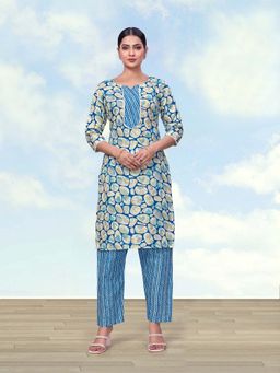 Monjolika Fashion - Women Sky Blue Color Cotton Printed Kurta With Pant