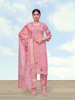 Monjolika Fashion - Women Pink Color Roman Embroidered Kurta With Pant & Dupatta