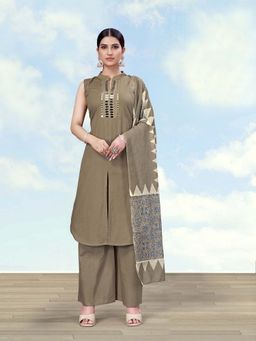Monjolika Fashion - Women Olive Cotton Blend Mirror Work Kurta With Palazzo & Dupatta
