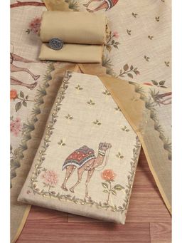 Biba - Women Beige Linen Unstitched Kurta with Pant & Dupatta