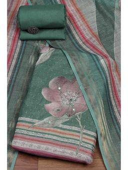Biba - Women Rama Green Linen Unstitched Kurta with Pant & Dupatta