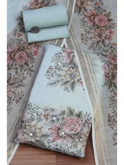Biba - Women Sky Blue Linen Unstitched Kurta with Pant & Dupatta